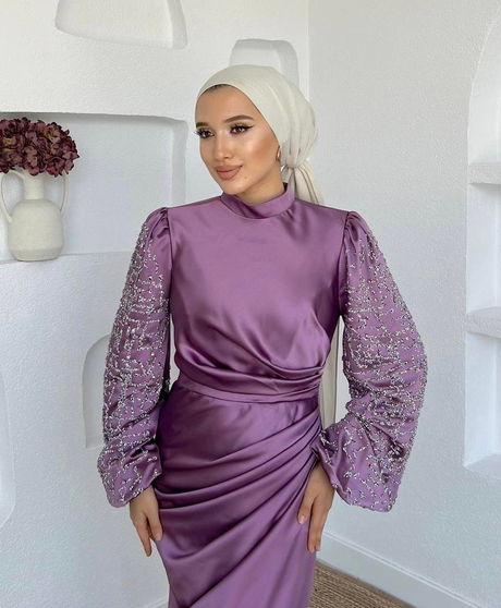 Kolları Taşlı Saten Abiye Gül kurusu