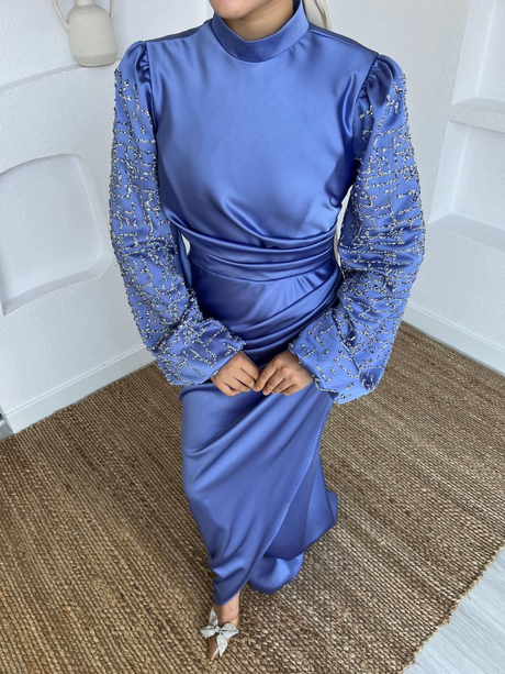 Kolları Taşlı Saten Abiye Mavi