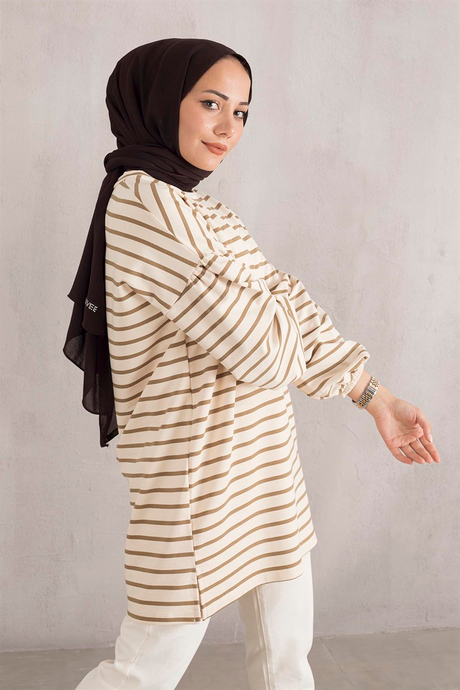 Kolu Büzgülü Çizgili Sweat - Camel