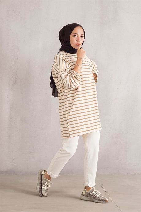 Kolu Büzgülü Çizgili Sweat - Camel