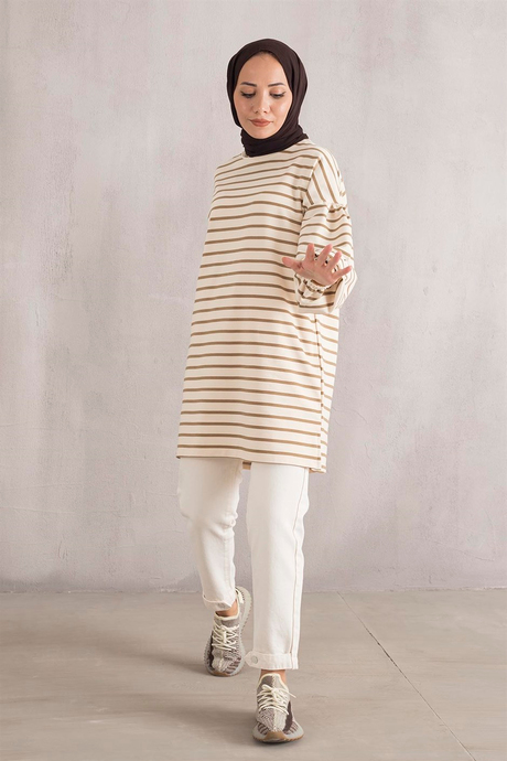Kolu Büzgülü Çizgili Sweat - Camel