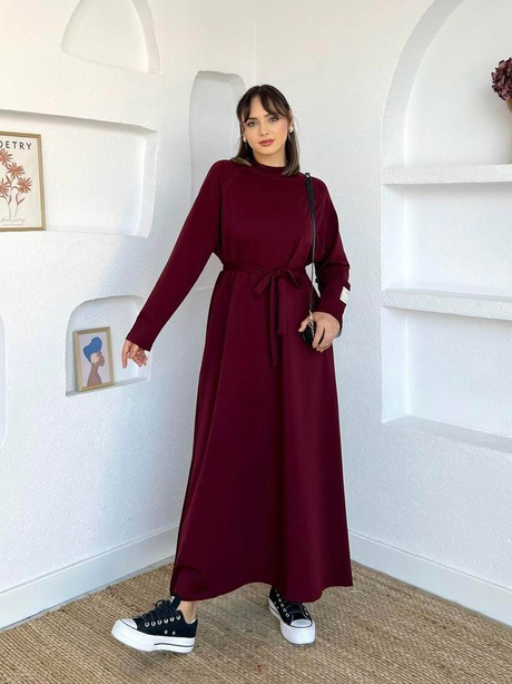Kolu Etiket Detaylı  Elbise Bordo