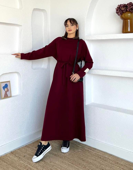 Kolu Etiket Detaylı  Elbise Bordo