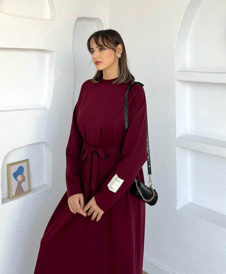 Kolu Etiket Detaylı  Elbise Bordo
