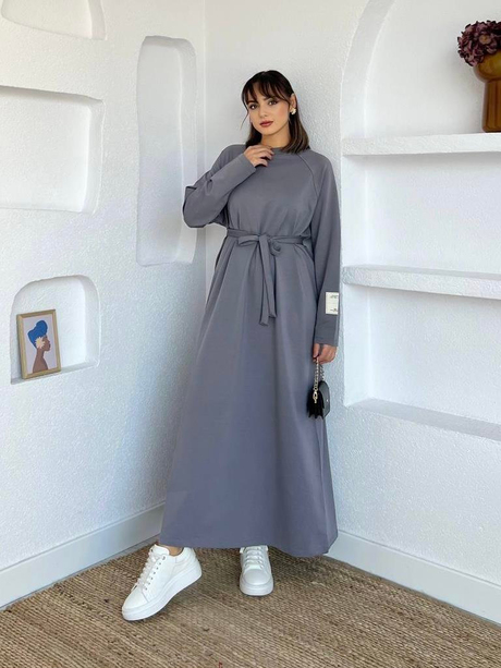 Kolu Etiket Detaylı  Elbise Gri - Moda AlaKolu Etiket Detaylı  Elbise Gri