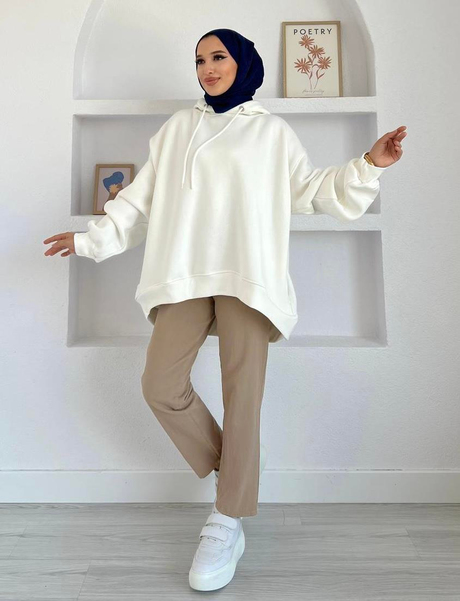 Kolu Pileli Üç İplik Sweatshirt Ekru