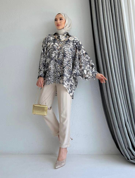 Kolyeli Desenli Gömlek Füme - Moda AlaKolyeli Desenli Gömlek Füme
