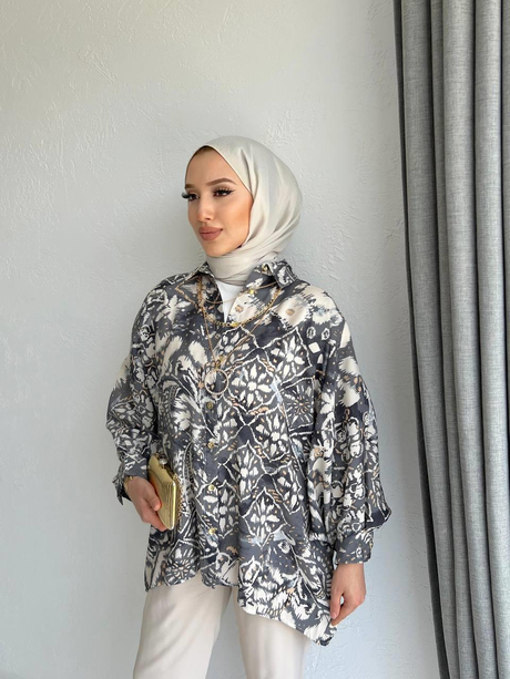Kolyeli Desenli Gömlek Füme - Moda AlaKolyeli Desenli Gömlek Füme