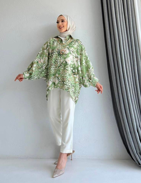 Kolyeli Desenli Gömlek Yeşil - Moda AlaKolyeli Desenli Gömlek Yeşil