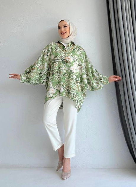 Kolyeli Desenli Gömlek Yeşil - Moda AlaKolyeli Desenli Gömlek Yeşil