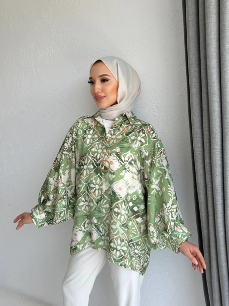 Kolyeli Desenli Gömlek Yeşil - Moda AlaKolyeli Desenli Gömlek Yeşil