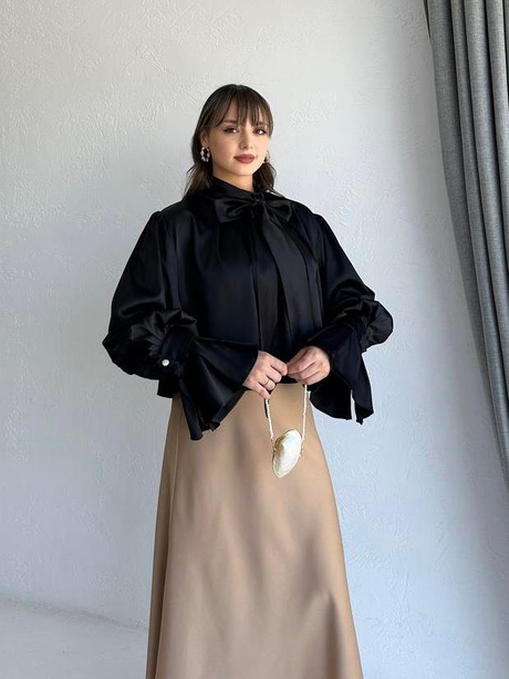 Kravatlı Saten Bluz Siyah - Moda AlaKravatlı Saten Bluz Siyah