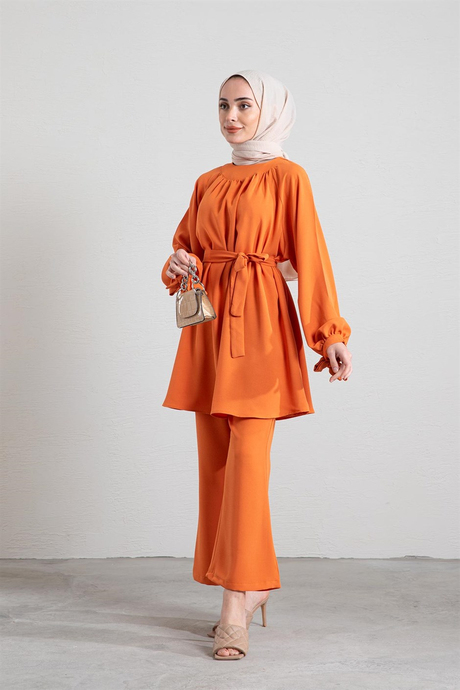 Krep Pantolonlu İkili Takım Oranj