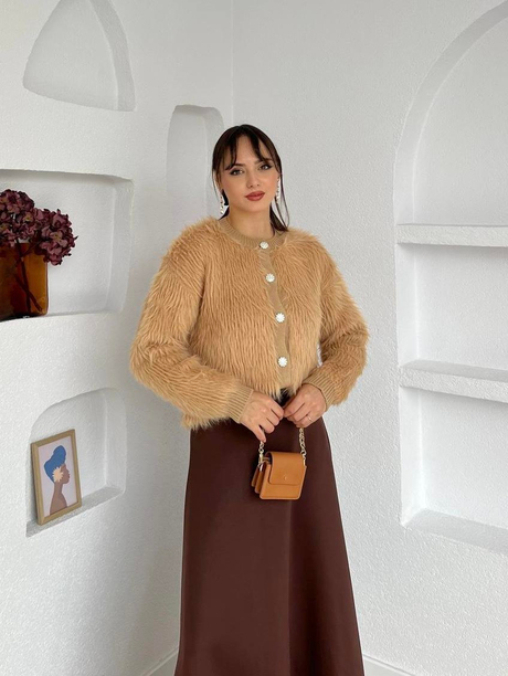 Kristal Düğmeli Hırka Bej