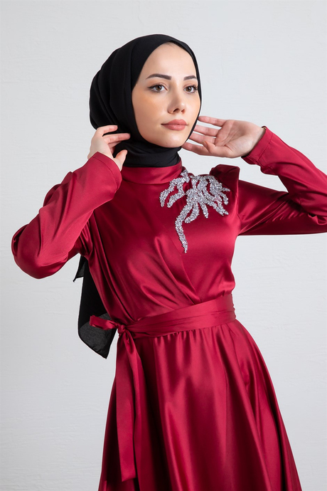 Kruvaze Taşlı Saten Abiye Bordo