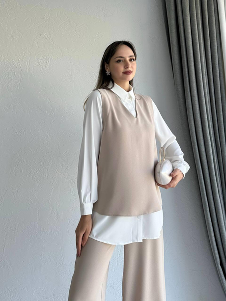 Lenora Krep Takım Bej