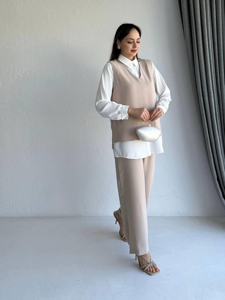 Lenora Krep Takım Bej