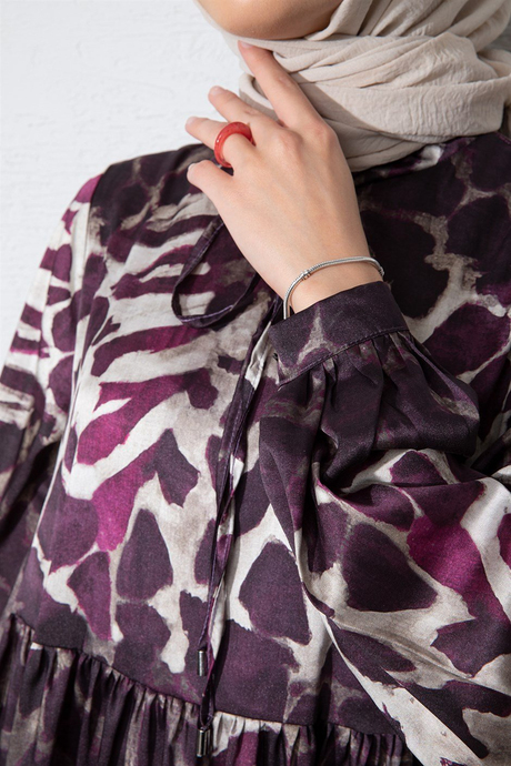 Leopar Desenli Saten Elbise Mürdüm