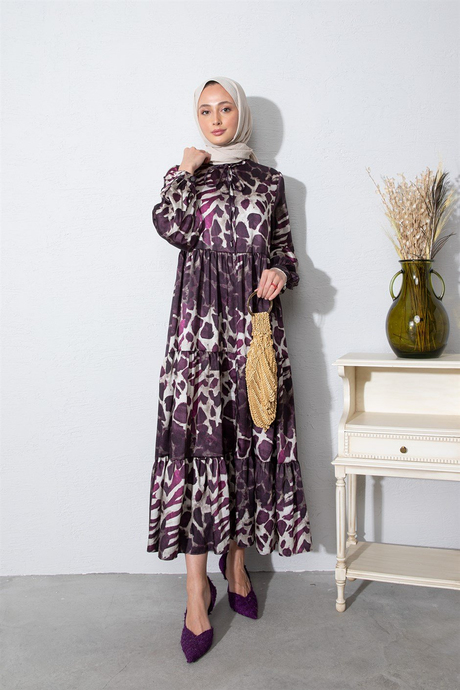 Leopar Desenli Saten Elbise Mürdüm