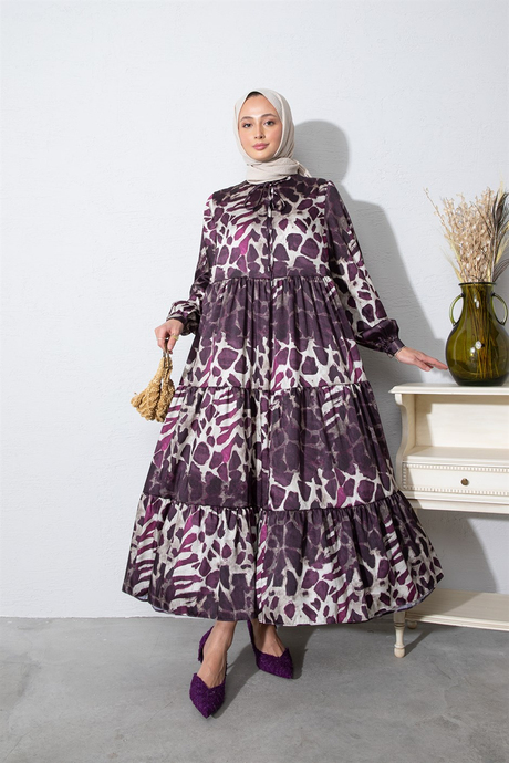 Leopar Desenli Saten Elbise Mürdüm