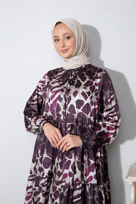 Leopar Desenli Saten Elbise Mürdüm