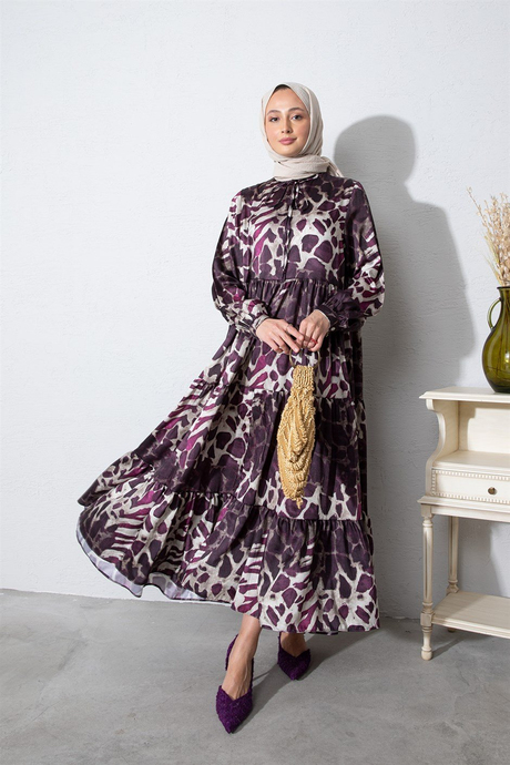 Leopar Desenli Saten Elbise Mürdüm