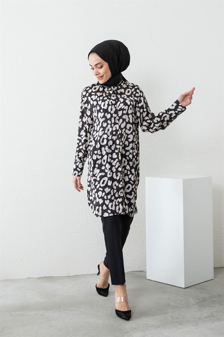 Tesettür Triko Tunik Modelleri ve Fiyatları | Leopar Desenli Tunik SiyahLeopar Desenli Tunik Siyah