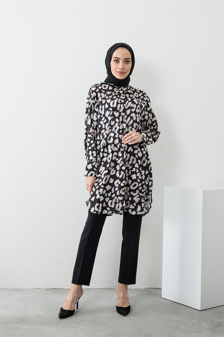 Tesettür Triko Tunik Modelleri ve Fiyatları | Leopar Desenli Tunik SiyahLeopar Desenli Tunik Siyah