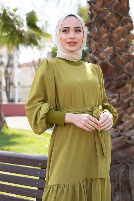 Linda Kemerli Elbise Yağ Yeşili