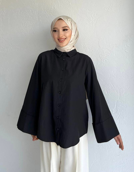 Manşeti Geniş Poplin Gömlek Siyah - Moda AlaManşeti Geniş Poplin Gömlek Siyah