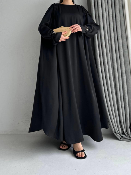 Manşeti Kemerli Salaş Elbise Siyah