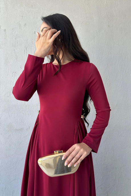 Midye Detaylı Elbise Bordo