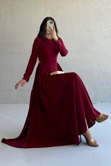 Midye Detaylı Elbise Bordo