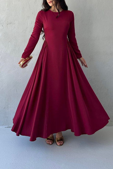 Midye Detaylı Elbise Bordo