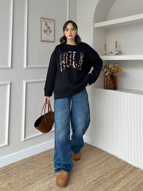 Nakışlı Sweatshirt Siyah