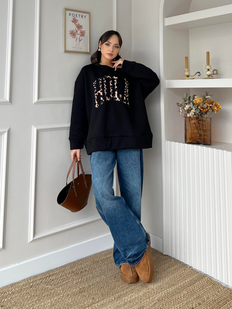 Nakışlı Sweatshirt Siyah