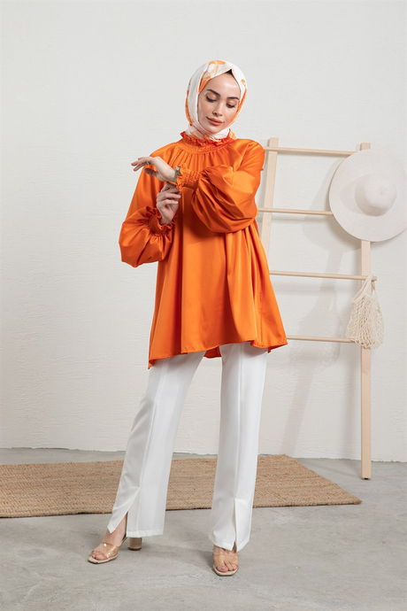 Nevra Saten Tunik Oranj