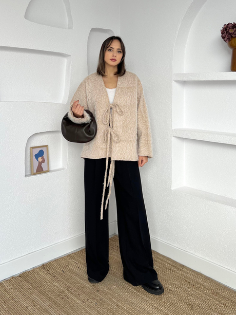 Önden Bağlamalı Keçe Kimono Bej