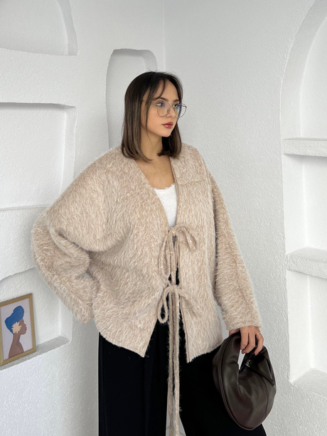 Önden Bağlamalı Keçe Kimono Bej