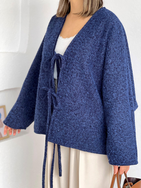 Önden Bağlamalı Keçe Kimono Lacivert