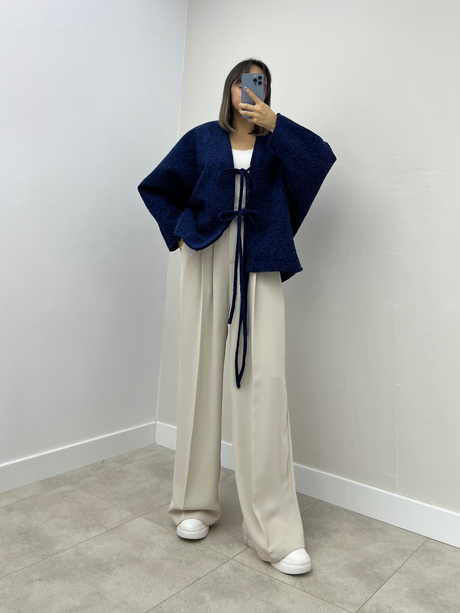 Önden Bağlamalı Keçe Kimono Lacivert