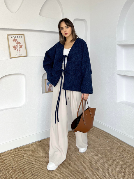 Önden Bağlamalı Keçe Kimono Lacivert