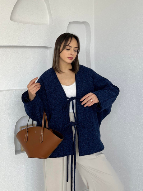 Önden Bağlamalı Keçe Kimono Lacivert