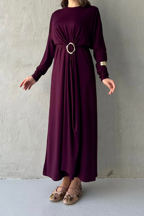 Önü Tokalı Elbise Bordo