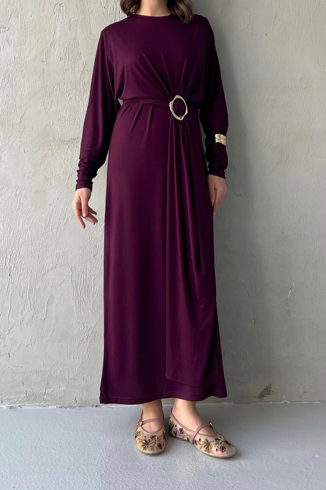 Önü Tokalı Elbise Bordo