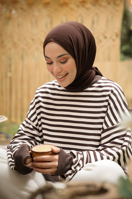 Orta Çizgili Oversize Sweatshırt Kahverengi