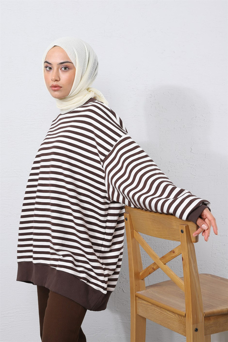 Orta Çizgili Oversize Sweatshırt Kahverengi