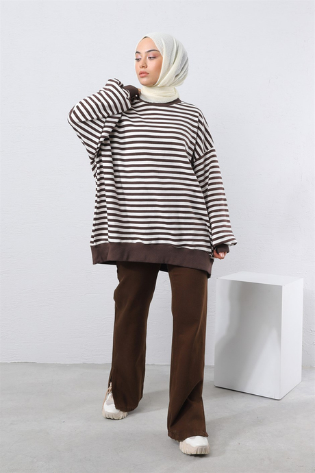 Orta Çizgili Oversize Sweatshırt Kahverengi