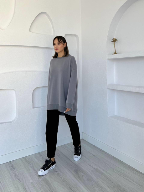 Oversize Basic Sweatshirt Gri