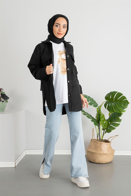 Oversize Kaşe Gömlek - Siyah